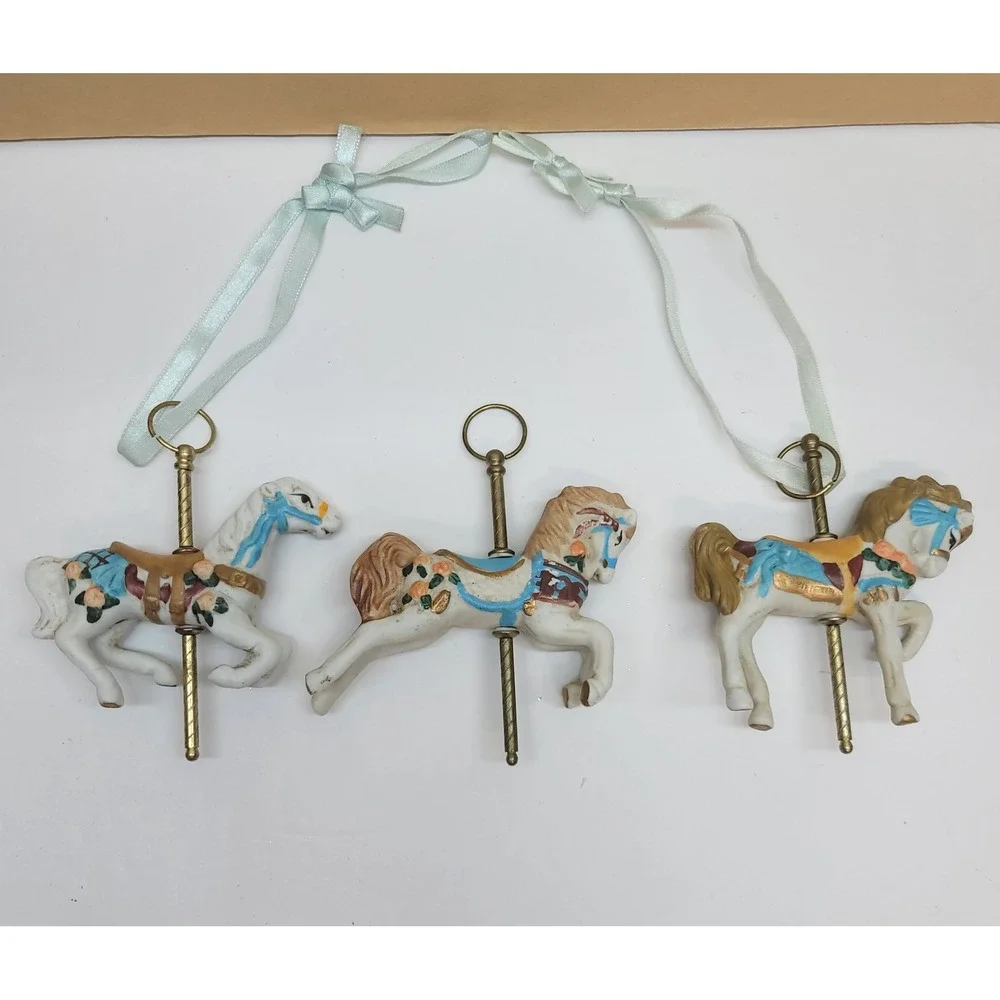 Vintage Ceramic Carousel Horse Ornaments Set of 3 Hand Painted Pastel Gold 4in